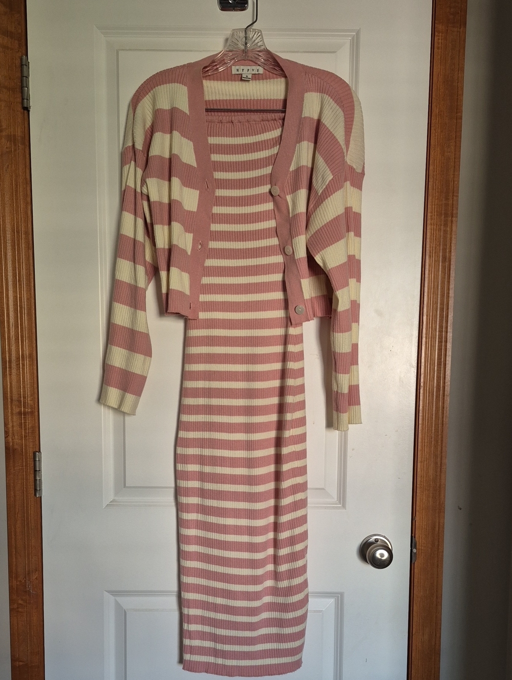 HYFVE Pink & Cream Striped Ribbed Knit Dress with Matching Cardigan